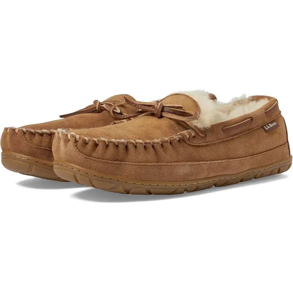 L.L.Bean Wicked Good Moccasin Mens Size 7‎ Brown Shearling Suede Slippers